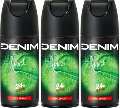 Denim Musk Deodorant Spray 24h Action 3 x 150ml Deo
