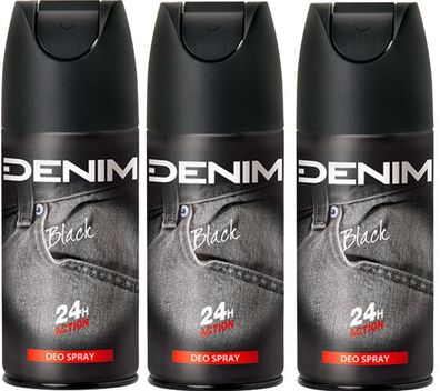 Denim Black Deodorant Spray 24h Action 3 x 150ml Deo