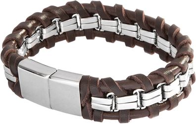 Lower East Herren-Armband aus Lederbändern und Kettengliedern Edelstahl 21.5 cm
