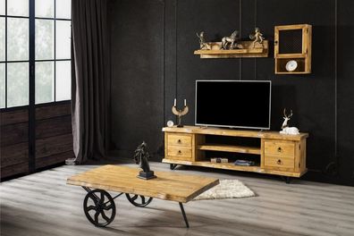Echt Holz Wohnwand Luxus in Braun mit Couchtisch auf Rädern Rustikal Schrank