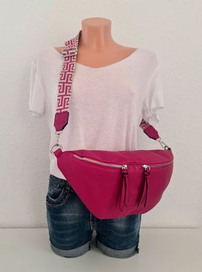 Große Bauchtasche Gürteltasche Cross Body Bag Kunstleder bunter Gurt 2 RV Pink