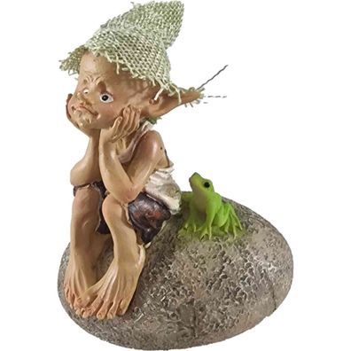 Pixie "Sommerträume" sitzt mit Frosch auf einem Stein