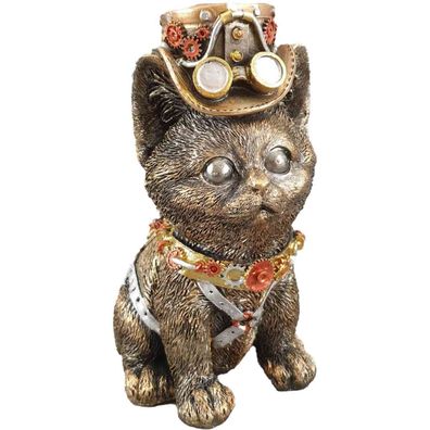 Steampunk Katze mit Zylinder und Pilotenbrille, messingfarbend
