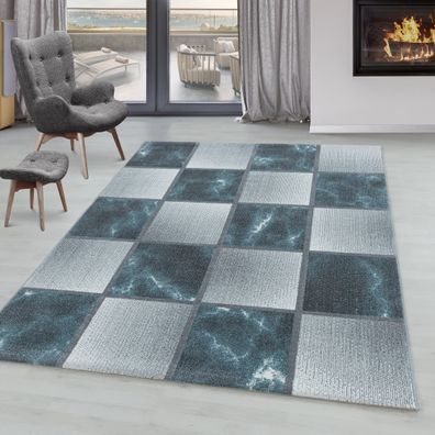 Wohnzimmerteppich Kurzflor Teppich Blau Grau Quadrat Muster Marmoriert Weich