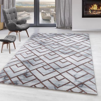 Wohnzimmerteppich Kurzflor Design Teppich Muster Marmoriert Linien Karo Bronze