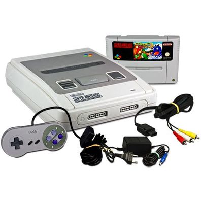 SNES - SUPER Nintendo Konsole KABEL + Ähnlicher Controller + SUPER MARIO WORLD 2