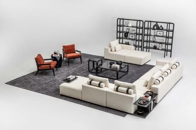 Weiße Sofagarnitur Polstermöbel L-Form Sofa Ecksofa Sessel Textil Couch Sofas