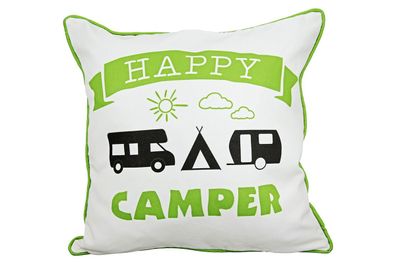 Stoff Kissen "Happy Camper", weiß/ grün/ schwarz, von Gilde, 45x45cm