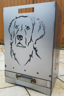 Feuerkorb Golden Retriever mit Ascheschublade 40x40x60cm Feuertonne Grill