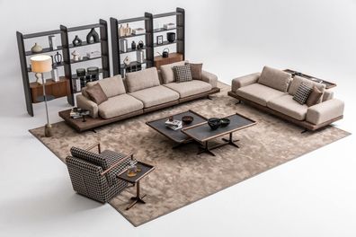 Braunes Textil Sofa Set Wohnzimmer Couche Dreisitzer Luxus Holzmöbel