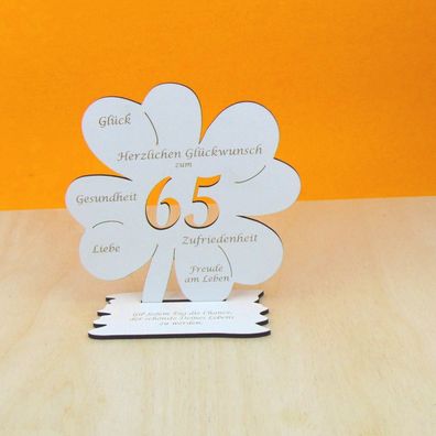 Zum 65. Geburtstag Kleeblatt 16 cm in Vintage Weiß für Geldgeschenk oder Gutschein 05