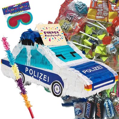 Pinata Polizeiauto + Maske + Stock + Füllung - Party Kindergeburtstag Geburtstag