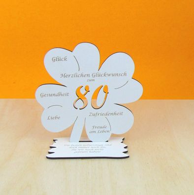 80. Geburtstag Kleeblatt Vintage Weiß 16 cm als Tischdeko Geschenk für Gutschein 03