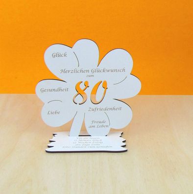 80. Geburtstag als Kleeblatt Vintage Weiß 16 cm als Tischdeko Geschenk Gutschein 04
