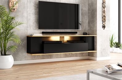 Fernsehschrank mit LED schwarz/ Artisan Eiche TV Tisch Lowboard hängend modern