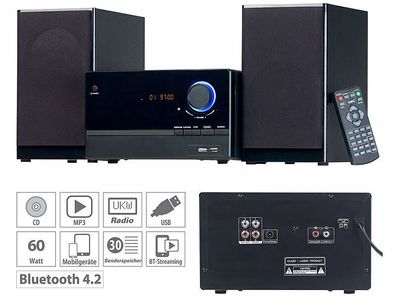 auvisio Micro-Stereoanlage, CD-Player, Radio, MP3-Player, Bluetooth, 60 Watt