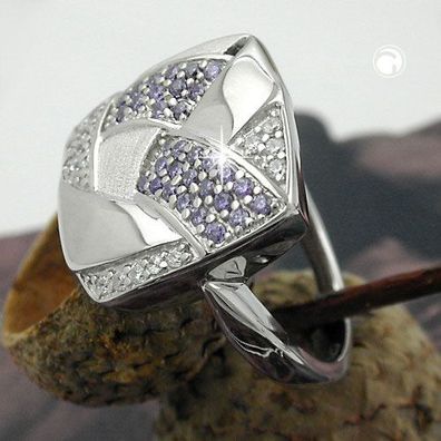 Ring 16x16mm mit Zirkonias lila-weiß matt-glänzend rhodiniert Silber 925