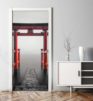 Türtapete alleinstehendes rotes Torii Tor im Ozean Türbild Türaufkleber Folie