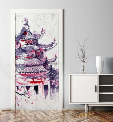 Türtapete Asiatischer Tempel gemalt mit Wasserfarben Türbild Türaufkleber Folie