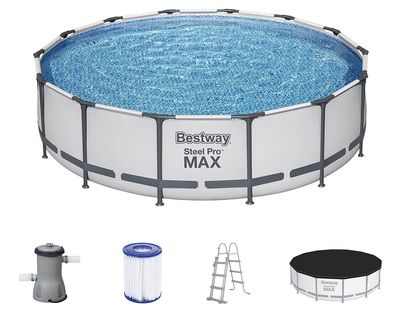 Bestway Steel Pro MAX Frame Pool Komplett-Set mit Filterpumpe lichtgrau rund