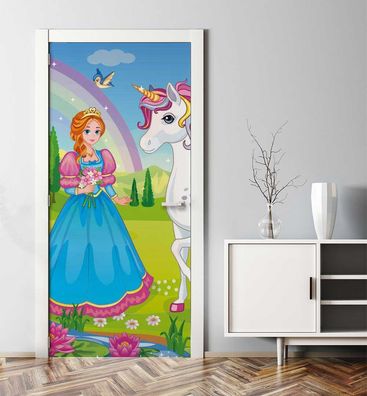 Türtapete Zauberland Prinzessin mit Einhorn Türbild Türaufkleber Folie