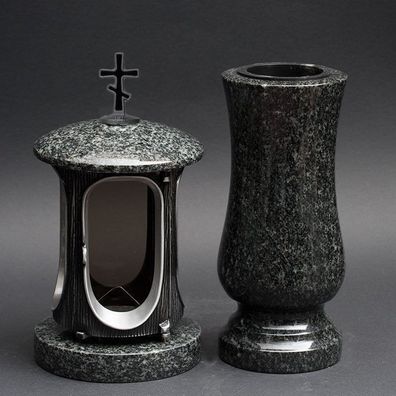 Grab-lampe Grabschmuck Set Grabvase Vase + Grablampe Granit IMPALA orthodox