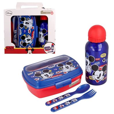 Alu-Trinkflasche & Brotdose mit Besteck | Mickey Mouse | Lunchbox-Set