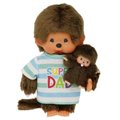 Super Dad mit Kind | 20 cm | Monchhichi Puppe | Junge | Papa mit Baby