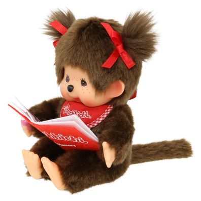 Mädchen mit Buch | 20 cm | Monchhichi Puppe | Original rotes Lätzchen