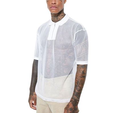 Netz Herren Transparent POLO T-Shirt mit Zip S-3XL Atmungsaktiv Fitness Top Clubwear