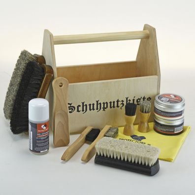 Schuhputz-Set - 13-teilig in praktischer Holzkiste mit Tragegriff - Schuhpflege-Se...