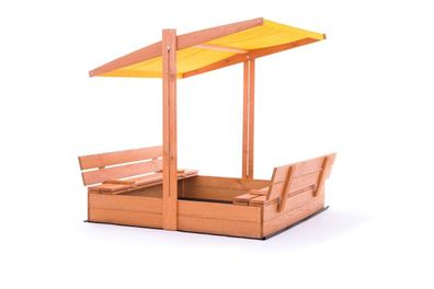 Sandkasten – Holz – mit Dach und Bänken – 140 x 140 cm – gelb