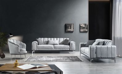 Eden Sofa Set Grau Stoff und Metall-Chrome Füssen