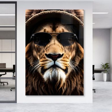Löwe Leinwandbild Sonnenbrille Wandbild Tier Poster , Acrylglas + Aluminium