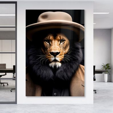 Leinwandbild Löwe elegant gekleidet Wandbild Tier Poster , Acrylglas + Aluminium