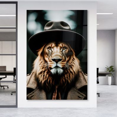 Leinwandbild Löwe elegant gekleidet Wandbild Tier Poster, Acrylglas Aluminium Premium
