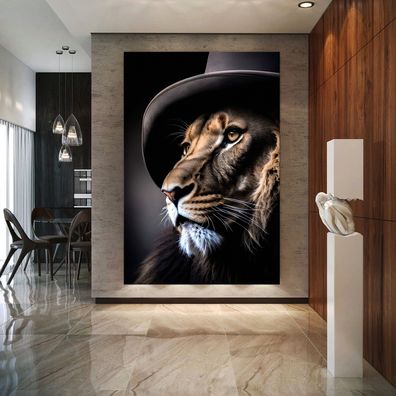 Löwe Leinwandbild elegant gekleidet Wandbild Tier Poster, Acrylglas Aluminium Premium