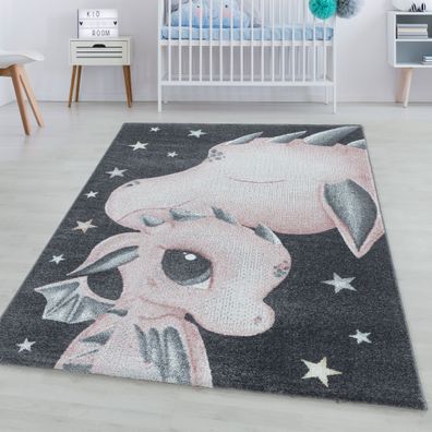 Kinderteppich Kurzflor Drachen Baby Saurier Design Kinderzimmer Teppich Pink