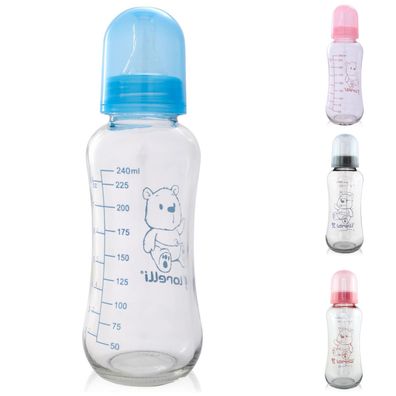 Lorelli Baby Glasflasche 240 ml Fassungsvermögen Silikonsauger Deckel ab Geburt