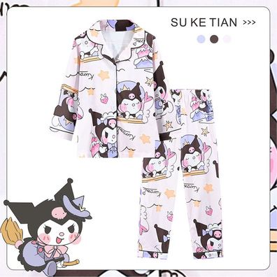 Kinder Schlafanzug Kuromi Pikachu Luffy Revers Knopf Lang Pyjama 2er Set Loungewear