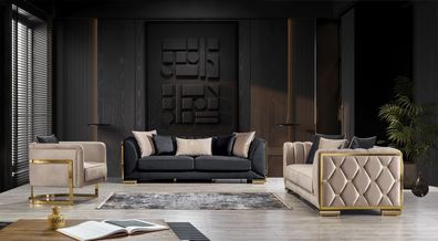 Casablanca Sofa Set Beige-Schwarz Stoff und Metall-Gold Details