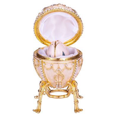 Fabergé-Ei / Schmuckkästchen Rosenknospe mit Blume & Anhänger 9,5 cm creme farbe