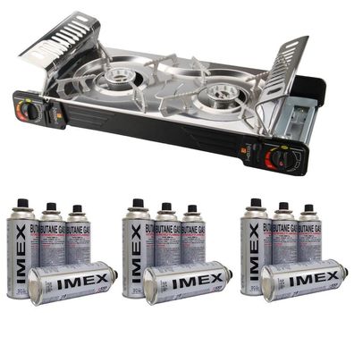IMEX BDZ-2x155 Edelstahl 2 Flammiger Outdoor Doppelgaskocher mit 12 Gaskartuschen