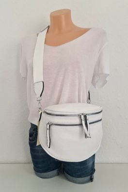Bauchtasche Cross Body Bag Kunstleder Gurt uni 2 Reißverschlusstaschen vorne Weiß