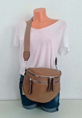 Bauchtasche Cross Body Bag Kunstleder Gurt uni 2 Reißverschlusstaschen vorne Taupe