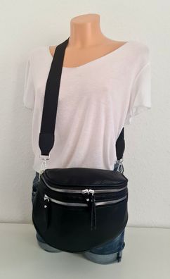 Bauchtasche Cross Body Bag Kunstleder Gurt uni 2 Reißverschlusstaschen Schwarz