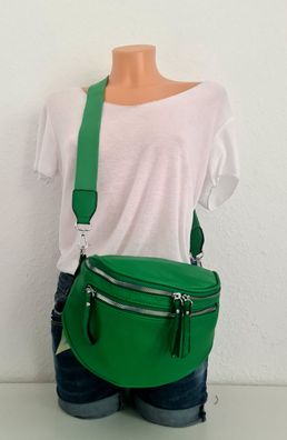 Bauchtasche Cross Body Bag Kunstleder Gurt uni 2 Reißverschlusstaschen vorn Grün