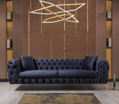 Chesterfield Dreisitzer Edelstahlfüße Luxus Sofa Blau Designermöbel Neu