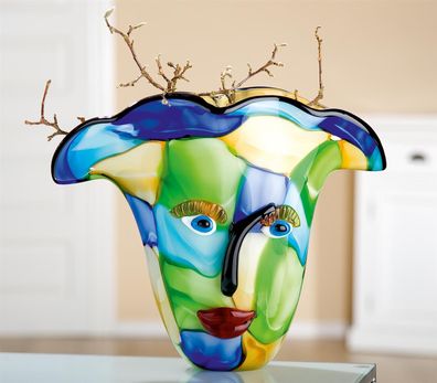 Gilde GlasArt Design-Vase "Visto" mit Gesicht, grün, blau, gelb mundgeblasen und ...