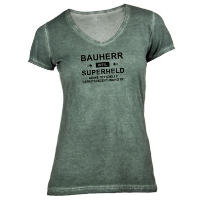 Damen T-Shirt V-Ausschnitt Bauherr Superheld